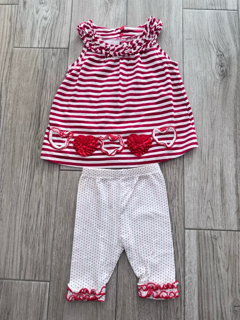 Bonnie Baby Red & White Striped Heart Top with Polka Dot Leggings Size 12 Month
